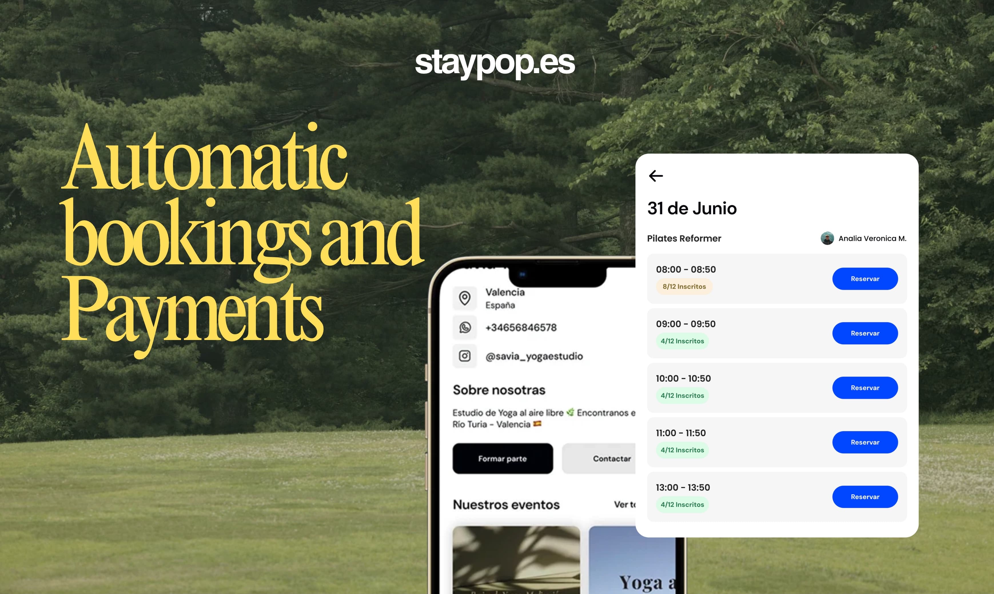 Reserva con pago y sección de ventas en Staypop
